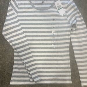 Tommy Hilfiger Gray and White Striped Long Sleeve Tee